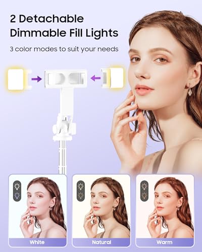53'' Selfie Stick Tripod with Light, Enhanced 4-Leg Cell Phone Stand Camera Tripod with Rechargeable Wireless Remote & 2 Fill Light, Portable Selfie Stick Travel Essentials for iPhone Android - color: White A
