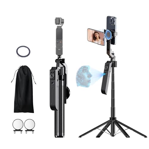 C12C 72" AI Tracking Magnetic Selfie Stick, Dual Phone Mount | Features dual phone mounts (magnetic +phone clip) to stream on 2 devices simultaneously on Facebook, Instagram, Tiktok