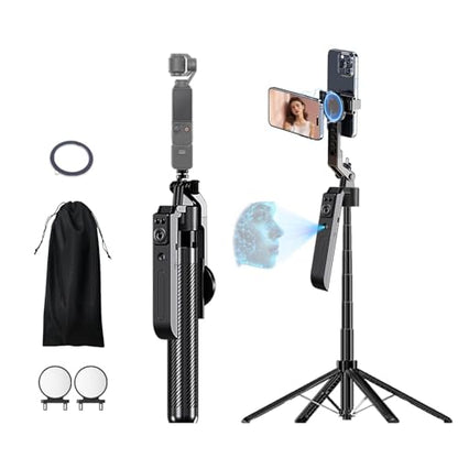 C12C 72" AI Tracking Magnetic Selfie Stick, Dual Phone Mount | Features dual phone mounts (magnetic +phone clip) to stream on 2 devices simultaneously on Facebook, Instagram, Tiktok