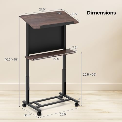 Giantex Mobile Podium Stand, Adjustable Rolling Laptop Desk with 4 Wheels & Tilting Desktop, Sit-to-Stand Lectern Podium Standing Desk w/Storage Shelf & Cable Hole for Classroom Church Home Office (1)
