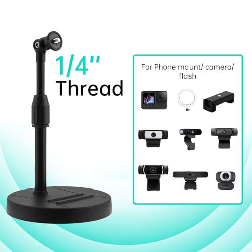 Desk Mic Stand 1/4 inch Thread Adjustable Table Mic Stand Multi-Use Desk Webcam Cell Phone Mount for Camera Ring Light Holder Microphone Clip on Table with Microphone Clip, Cell Phone Clip