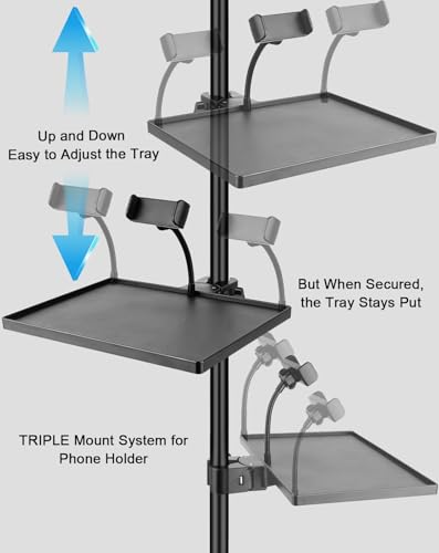 BILIONE Mic Stand Tray with Gooseneck Phone Holder, 10.6" X 7.8" Microphone Stand Tray Crab Clamp On Music Stand Floor Shelf Pole Mount, Karaoke Accessories - style: Tray with Phone Holder