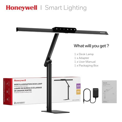 Honeywell LED Desk Lamp with Base - HJ1BK Sunturalux Eye-Caring Architect Desk Lamp for Home Office, 1200LM Computer Desk Light 4 Color Modes Stepless Dimming Task Desk Light with Timer Function Black - style: Black Base