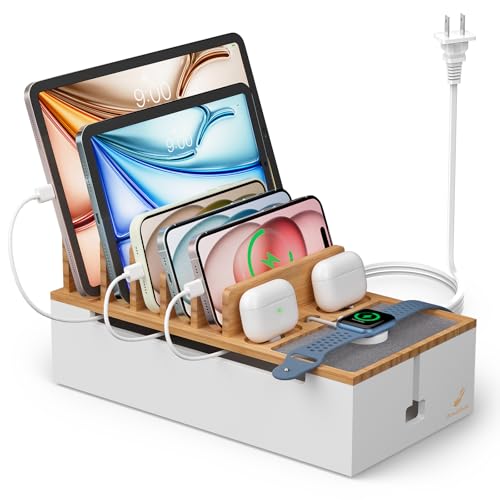Pezin Hulin Multi Devices Charging Station, with USB Power Adapter HUB, and 6 Wire Cables - Cord Organizer Management, Cell Phone Charger Dock Stand, Desktop Cord Hider Box - Natural +White - color: Natural+White