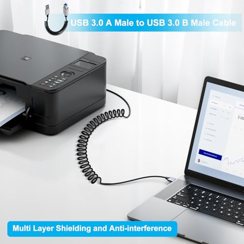 Coiled USB A to B Printer Cable Coiled USB 3.0 Printer Cable Super Speed 5Gbps, for Scanner, External Hard Drives, Multifunction Printers (USB A, 1.5 m) - color: USB A, size: 1.5 m
