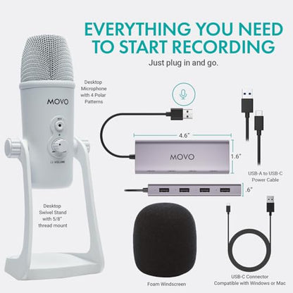 Movo USB Podcast Equipment Bundle for 2 – USB Interface with 2 UM700 Condenser Microphones – 4-Port Powered Hub for Streaming, Podcasting, Interviews (White) - style: with 2 Mics (White)