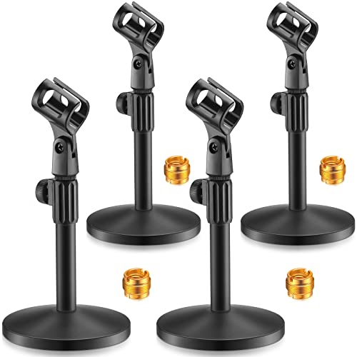 Hoteam 4 Pcs Desktop Mic Stand Adjustable tabletop Mic Stand microphone desk stands with 5/8" Male to 3/8" Female Screw Metal Round Base for Table Desk Interviews, Black