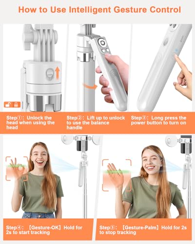 Yeaki 71” Auto Face Tracking Tripod for iPhone with Light,360° Rotating Phone Stand with Rechargeable Remote Control for TikTok Vlog, Phone Tripod for Android Camera/GoPro/Ring Light (White) - color: White