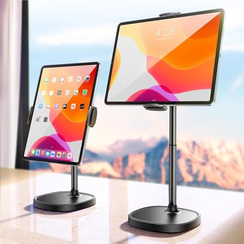 DIMONCOAT Height Adjustable Tablet Stand for Desk, Tablet Holder | 360° Rotation Desktop Tablet Accessories for 4.7-10" Like iPad Pro, Air Mini, Kindle, E-Reader, iPhone 17 Pro Max - color: BLACK - 6X STABLE WEIGHTED BASE, size: For 4-10 Inch
