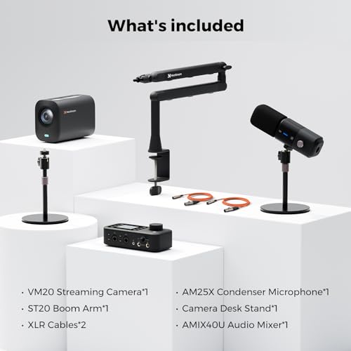 NearStream PodKit Solo, Podcasting Solo Kit with 1 VM20 4K Streaming Camera, 1 AM25X Microphone, 1 ST20 Boom Arm, 1 AMIX40U Audio Mixer, 1 Camera Desk Stand & 2 XLR Cables, for Livestream/Podacst - style: Podcasting Solo Kit