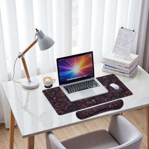 Dark Floral Desk Mat Set Gothic Skull Rose Large Mouse Pad with Wrist Rest 4in1 Desk Mat for Desktop Ergonomic Computer Desk Arm Wrist Anti-Slip Computer Ergonomic Mouse Pad Home Office Gaming - color: Dark Floral