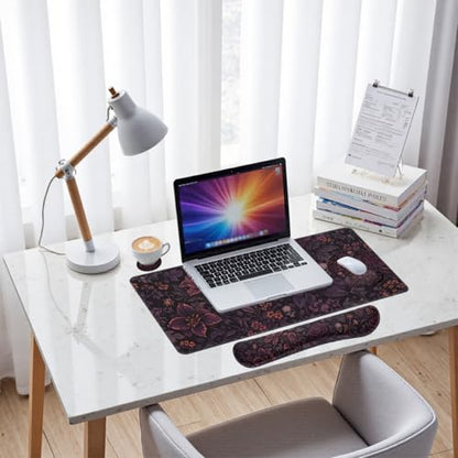 Dark Floral Desk Mat Set Gothic Skull Rose Large Mouse Pad with Wrist Rest 4in1 Desk Mat for Desktop Ergonomic Computer Desk Arm Wrist Anti-Slip Computer Ergonomic Mouse Pad Home Office Gaming - color: Dark Floral