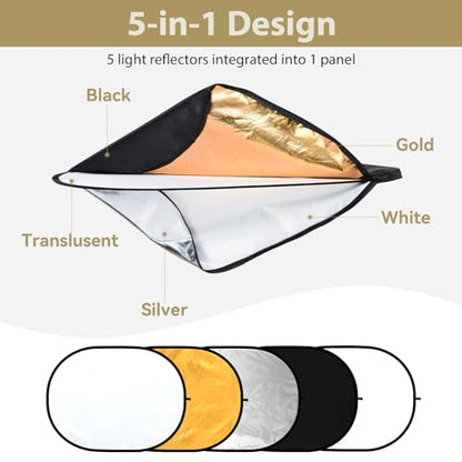 UTEBIT 35"x47" Photography Reflector with Stand, Include Clamp&Carrying Bag | 5-in-1 Oval Foldable Reflector, Translucent/Silver/Gold/White/Black Photography Reflector for Studio&Outdoor Lighting - size: 35x47 Inch