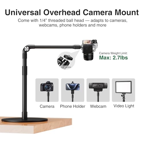 elitehood Overhead Phone Mount with Light for Video Recording, Adjustable Desk Ring Light with Stand and Phone Holder, Heavy Duty Overhead Camera Mount Tripod for iPhone Cooking Video, Filming Meeting - style: Desk Stand with Light