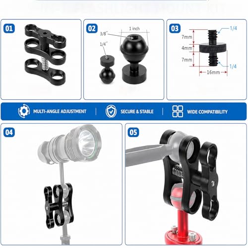 2Pack 1" Ball Clamp for Underwater Camera Tray, Aluminum Diving Light Mount Butterfly Clip, 360° Adjustable Ball Head Adapter for Scuba Flash, Action Camera, Extension Arm (Include 2 Adapters)