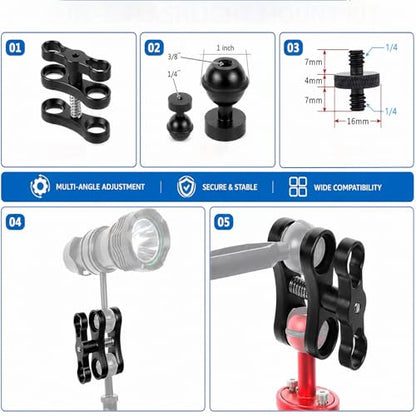 2Pack 1" Ball Clamp for Underwater Camera Tray, Aluminum Diving Light Mount Butterfly Clip, 360° Adjustable Ball Head Adapter for Scuba Flash, Action Camera, Extension Arm (Include 2 Adapters)