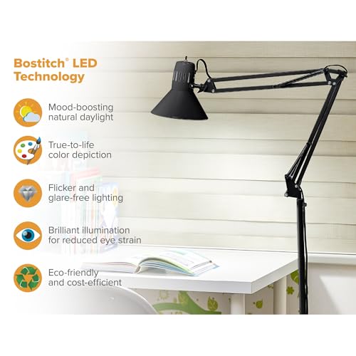 Bostitch Office VLF100F Swing Arm Metal Floor Lamp, 72" Tall with Multi-Joint Adjustment, Includes Replaceable LED Bulb (VLF), Black - style: Floor, Black