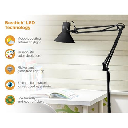 Bostitch Office VLF100F Swing Arm Metal Floor Lamp, 72" Tall with Multi-Joint Adjustment, Includes Replaceable LED Bulb (VLF), Black - style: Floor, Black