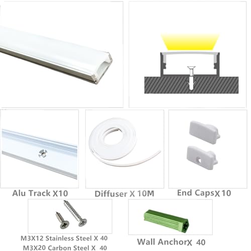 THMOOTHER LED Strip Pre-Drilled U Channel Diffuser 10-Pack 3.28FT,Surface Mounted Tape Light Aluminum Track with Continuous Silicone Cover. Flush Installed Low Profile (Silver, 10X3.3FT) - color: Silver, size: 10X3.3FT