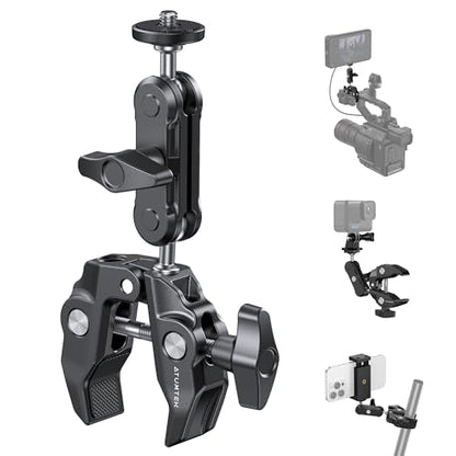 ATUMTEK Super Camera Clamp Mount with 1/4" and 3/8" Threads, Dual Ballhead Magic Arm 360° Ball Head Grip, Phone/Action Camera Mount Adapter for Canon Nikon DSLR Camera, GoPro/Insta360/INSTAX/DJI