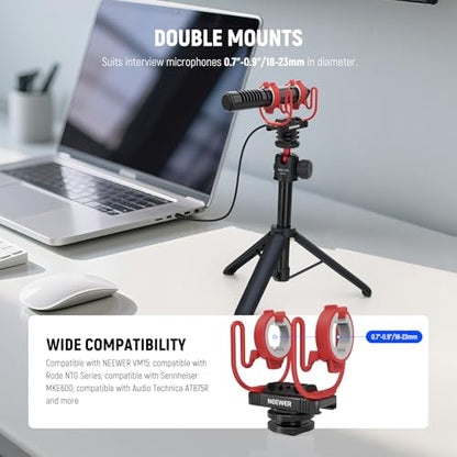 NEEWER Microphone Shock Mount with Cold Shoe, 1/4" Thread for Camera Cages, Boom Arm Pole Stands, Tripods, Mic Holder Compatible with VM15 Rode NTG Series Sennheiser MKE600 Audio Technica AT875R, MH1 - style: MH1