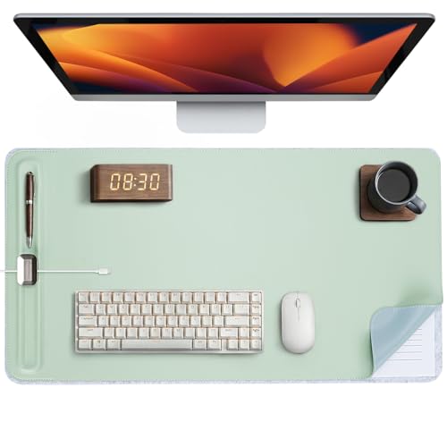 Premium Double-Sided Faux Leather Desk Pad – Non-Slip, Waterproof, with Magnetic Cable Organizer & File Storage – Designed for Offices & Creative Spaces – Durable & Easy to Clean（Green） - color: Green