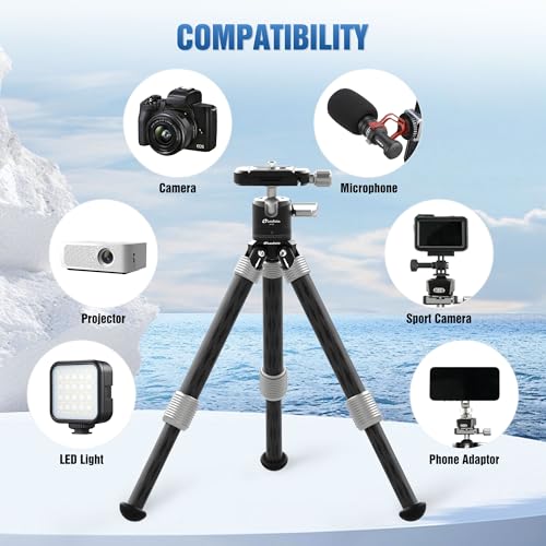 LEOFOTO Carbon Fiber Mini Table Tripod with Ball Head for Camera, Lightweight Desktop Tripod with Base, 1/4" Arca QR Plate for Phone Adaptor/Projector, Max Height 10.43", Max Load 11LB, MT-02C Plus - size: MT-02CL Plus