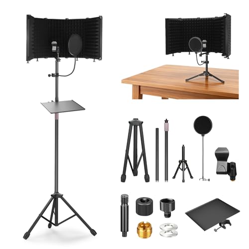 Microphone Isolation Shield with Tripod Stand & Pop Filter, Foldable High Density Sound Insulation Mic Shield, Professional Recording Studio Equipment For Podcasting, Broadcasting, Vocal Recording