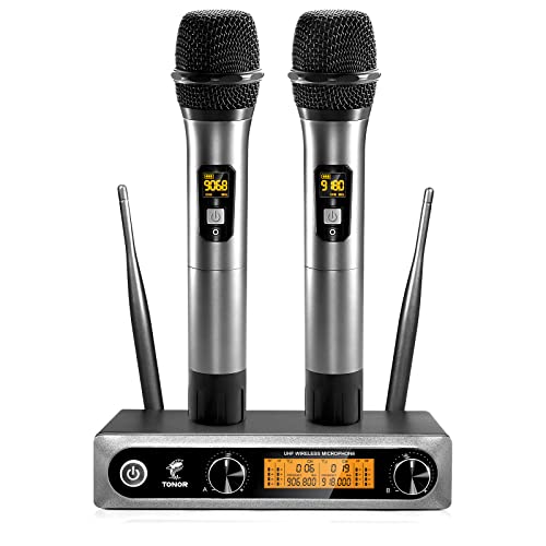 TONOR Wireless Microphones System, 2 * 15 Channel Metal Professional UHF Cordless Dynamic Handheld Mics with Receiver for Home Karaoke, Meeting, Party, Church, Wedding, KTV, 60 m/200ft, TW-820 Silver - color: Silver, style: 2 Mics
