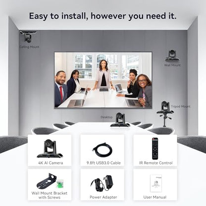 TONGVEO 4K PTZ Camera with AI-Powered Auto-Tracking & Gesture Control 5X Digital Zoom USB 3.0 120-Degree Wide-Angle PTZ Webcam for Video Conference YouTube/Teams/Zoom Meeting Live Streaming - color: Black