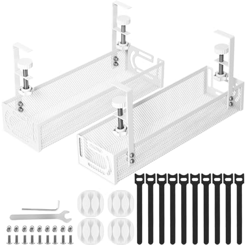 Cable Management, 2 Pack Cable Management Under Desk No Drill, Metal Cord Organizer with Clamp for Standing Desk, Cable Organizer for Home Office, White - color: White, size: 15.3''+15.7'' (2 Pack)