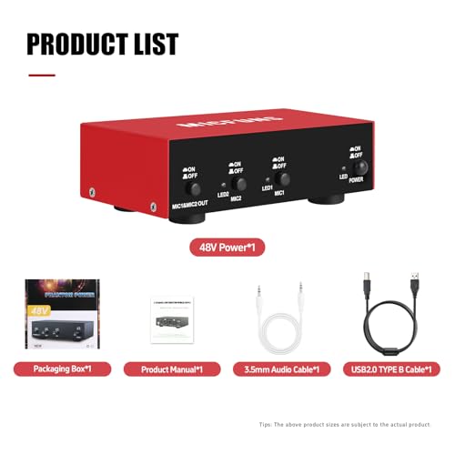 MC new 2 Channel 48V Phantom Power Supply with 3.5mm Audio Cable to Connect Audio Interface for Condenser Microphone Music Recording Equipment (MC2-new red)