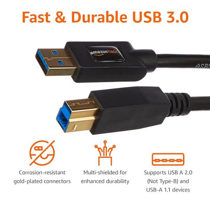 Amazon Basics USB-A to USB-B 3.0 Cable, 4.8Gbps High-Speed with Gold-Plated Plugs, 6 Foot, Black - size: 6 Feet
