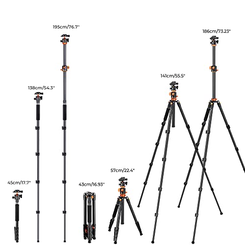 K&F CONCEPT 73 inch /186cm Camera Tripod,Transverse Center Column Aluminium DSLR Tripod with 360 Degree Ball Head 10kg Load Capacity,Quick Release Plate,Detachable Monopod T255A3+BH-28L - size: T255A3+BH-28L