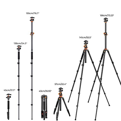 K&F CONCEPT 73 inch /186cm Camera Tripod,Transverse Center Column Aluminium DSLR Tripod with 360 Degree Ball Head 10kg Load Capacity,Quick Release Plate,Detachable Monopod T255A3+BH-28L - size: T255A3+BH-28L