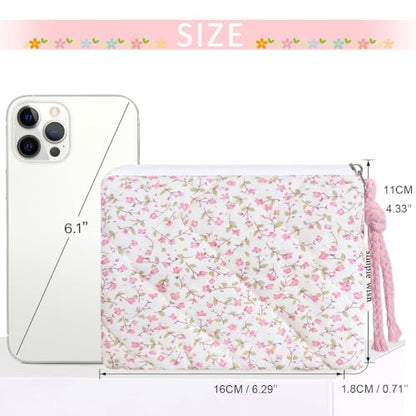 Cotton Quilted Floral Coin Purse Digital Camera Pouch with Cute Prints Zipper for Women Girls (PINK DISTY) - color: PINK DISTY