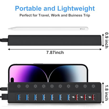 ONFINIO Powered USB Hub, 10-Port USB Splitter Hub (7 Faster Data Transfer Ports+ 3 Smart Charging Port) with Individual LED On/Off Switches and 12V/3A Power Adapter USB Extension for Mac, PC and More - style: 10 PORT QC 3.0