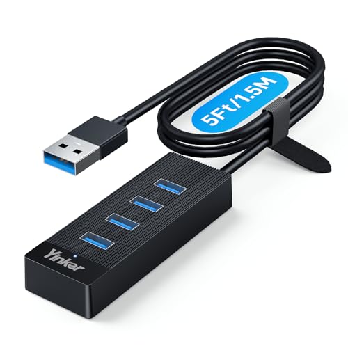 4 Port USB 3.0 Hub 5FT Long Cable, USB Extension Data Cable USB Dock Extender for Desktop PC Laptop, 5Gbps with 5V USB-C Power Supply - size: 5 FT