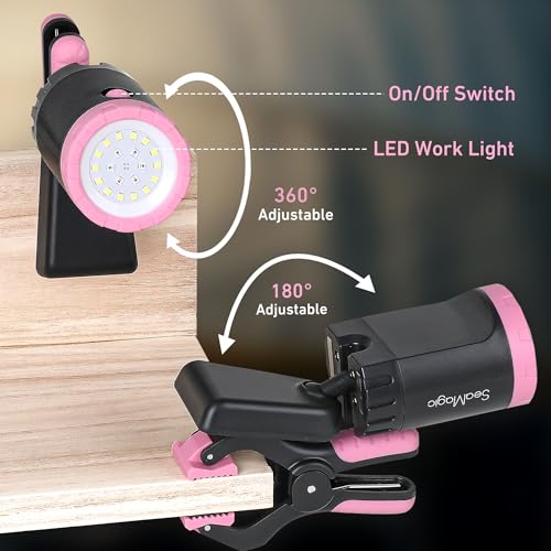 2-Pack Pink Rechargeable LED Work Light, 360° Adjustable Spotlight with Magnetic Base & Clamp, Portable Clip Light for Garage, BBQ, Workshop, Car Repair, Household & Emergency Use - style: 2-Pack
