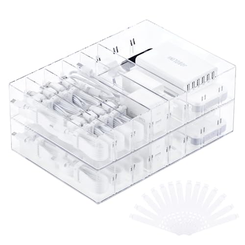 FRETONBA 2Pcs Cable Charger Organizer Box, Large Cords Storage Organizer with Adjustable Compartments and Wire Ties, Stackable Cord Organizer for Drawer - Clear - size: Large 2Pcs