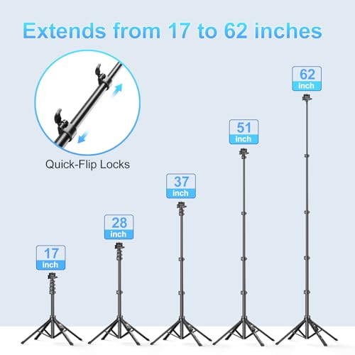 Fugetek 62" Professional Cell Phone Tripod, Ultra Stable 4 Leg Design, Bluetooth Remote, 100% All Aluminum Stick & Legs, Portable All in One, 360° Phone Mount with 2 Cold Shoe Slots, Non Skid Feet - style: Quadrapod
