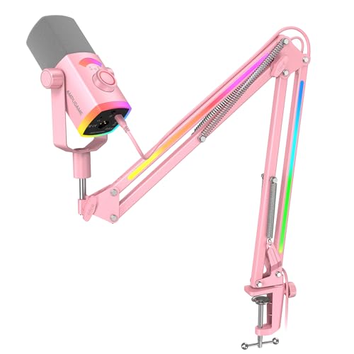 FIFINE XLR/USB Gaming Microphone Kit with Boom Arm Stand, RGB Streaming Mic for Computer Compatible with PC/PS4/PS5, Podcast Mic Set with Headphone Jack, Volume Knob, Mute-AmpliGame AM8PROT Pink - color: Pink