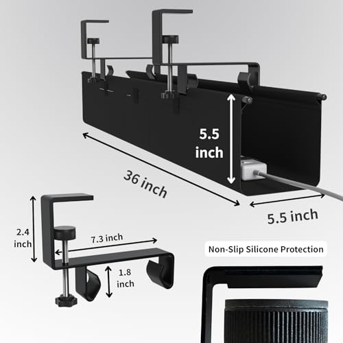 Under Desk Cable Management Tray, 36” Fabric No Drill Clamp Mount Cord Organizer for Desk, Heavy Duty Wire Management for Office Home, Black - size: 36 inch