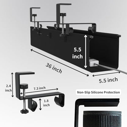 Under Desk Cable Management Tray, 36” Fabric No Drill Clamp Mount Cord Organizer for Desk, Heavy Duty Wire Management for Office Home, Black - size: 36 inch