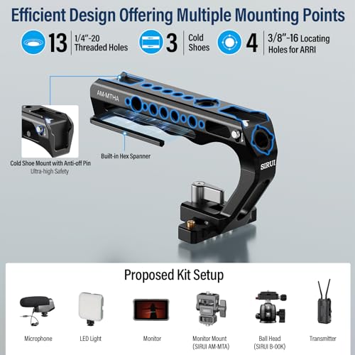 SIRUI Top Handle with Locating Mount for ARRI and NATO Mount, All-Aluminium Camera Cage Handle Grip with Cold Shoe with Safety Pin, Multiple Threaded Holes, AM-MTHA, Pack of 1