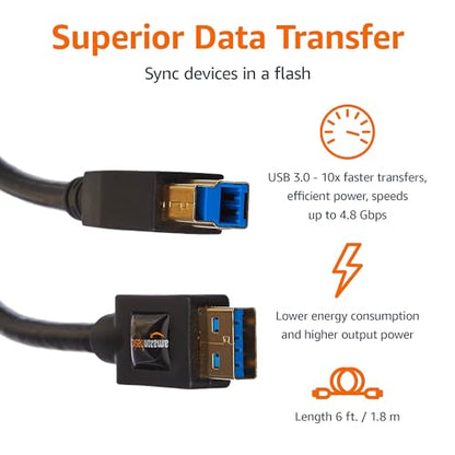 Amazon Basics USB-A to USB-B 3.0 Cable, 4.8Gbps High-Speed with Gold-Plated Plugs, 6 Foot, Black - size: 6 Feet