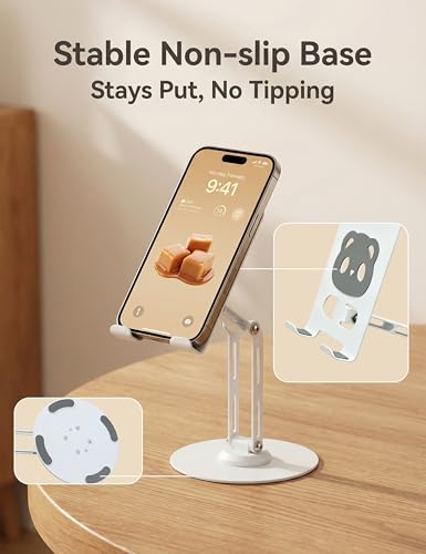 All-Metal Desk Phone Stand, 360° Rotating, 4-8" Phones & Tablets | Carbon steel base, dual-pole adjustment, panda face anti-slip pads, hex key, scratch-proof, heat-dissipating, case-friendly - color: white