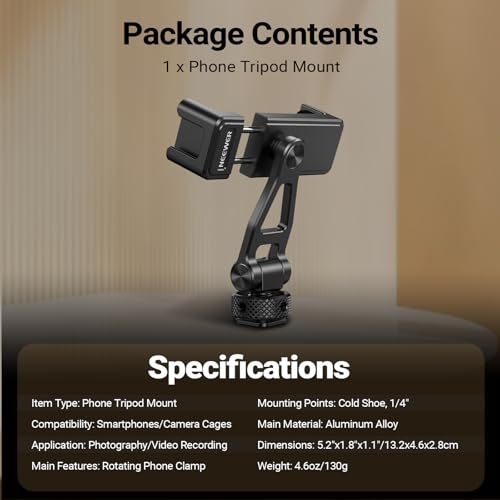 NEEWER GA010 Phone Tripod Mount, 65–90mm Adjustable Phone Clamp Holder with 1/4" Thread, 180° Tilt, 360° Swivel, Cold Shoe Accessories Compatible with iPhone 17 Pro Max Samsung S26 Ultra & More