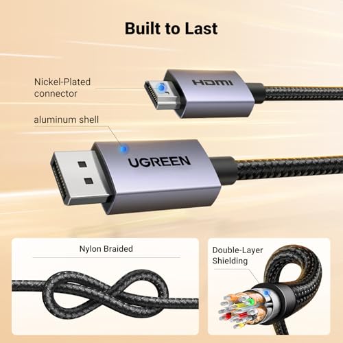 UGREEN 4K DisplayPort to HDMI Cable 1080P@120Hz, DP 1.2 to HDMI 1.4 Cord Alu Braided, Unidirectional Cable 10FT Compatible with Monitor, Desktop, HDTV, Laptop, AMD, NVIDIA - size: 10FT