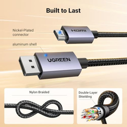 UGREEN 4K DisplayPort to HDMI Cable 1080P@120Hz, DP 1.2 to HDMI 1.4 Cord Alu Braided, Unidirectional Cable 10FT Compatible with Monitor, Desktop, HDTV, Laptop, AMD, NVIDIA - size: 10FT
